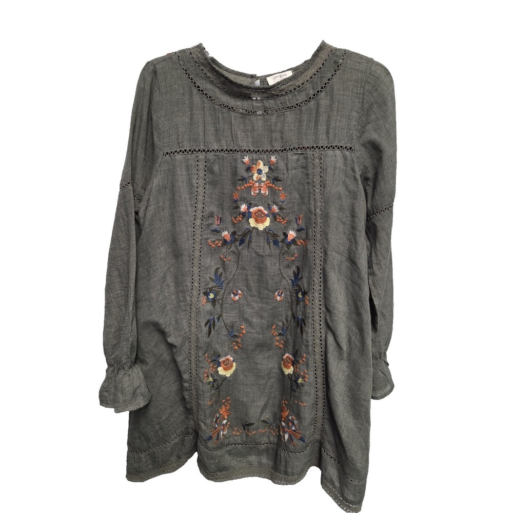 UMGEE Boho Floral Womens L Embroidered Waterfall Bell Sleeve Tunic Dress Olive